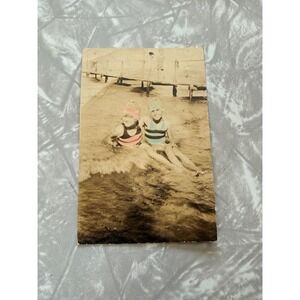Antique Hand Tinted Photo Girls Vintage Swimwear Beach Pier 1920s 1930s Ephemera